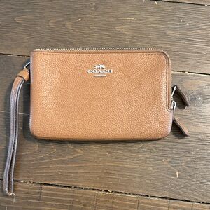 Coach Tan Pebbled Leather Wristlet Wallet with Silver Hardware